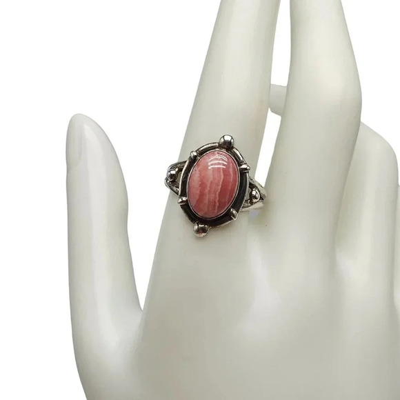 Vintage Sterling Silver Pink Rhodochrosite Ring Ornate Band Size 10 - Picture 1 of 6